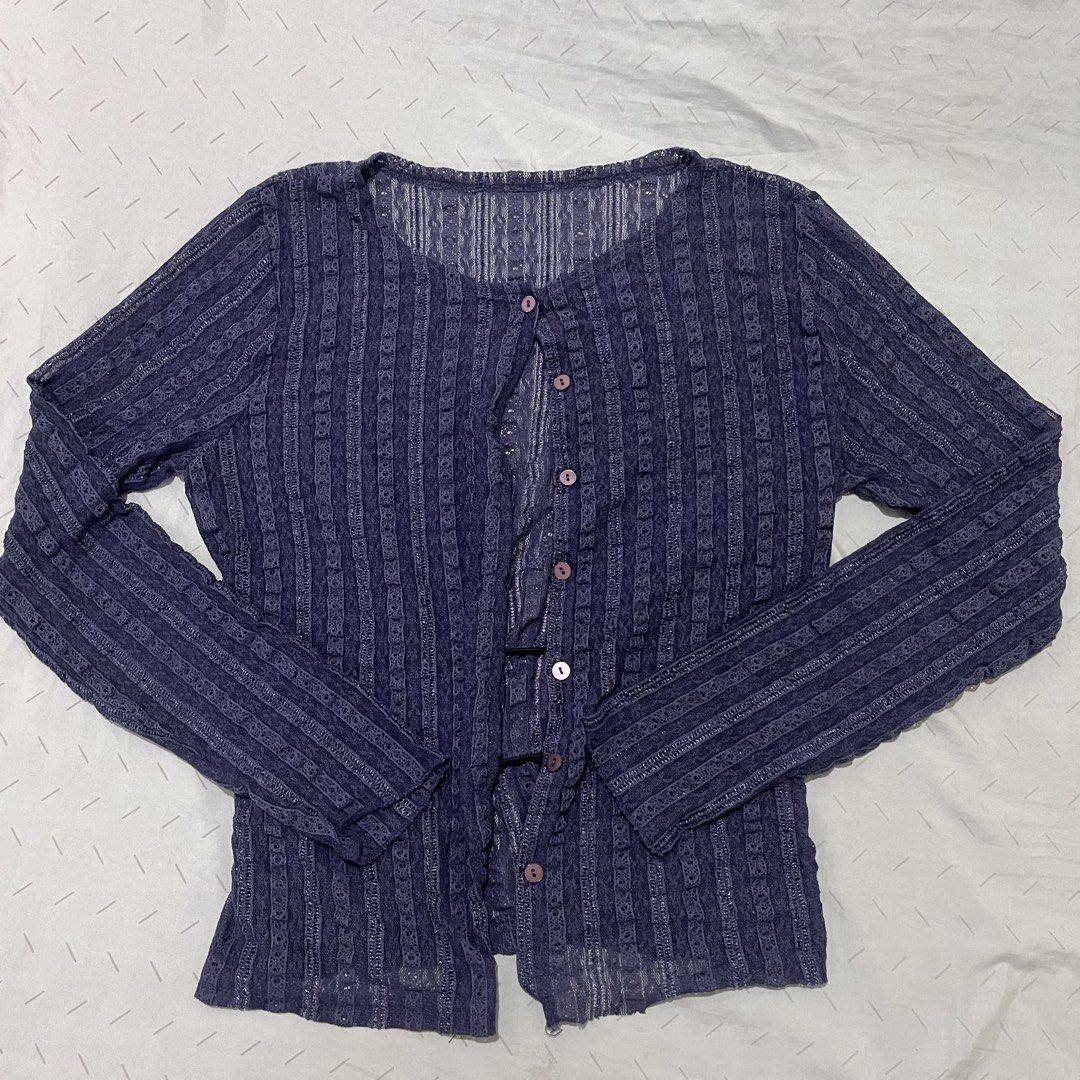 ST03 Sheer Striped Button-Up Cardigan (Category: Coats, Jackets and Outerwear) located in Marikina City. Submitted by namicorner (Listing ID 1461266311, Image 1). Description: - Sheer long-sleeved cardigan ~~ > RFS - decluttering > Last price posted > NO RETURN/ NO EXCHANGE > Manage expectation as this is a preloved item..
