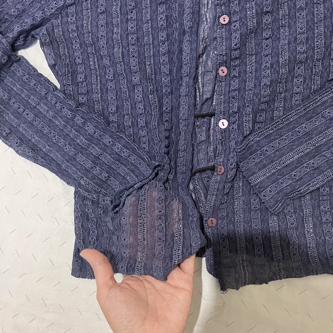ST03 Sheer Striped Button-Up Cardigan (Category: Coats, Jackets and Outerwear) located in Marikina City. Submitted by namicorner (Listing ID 1461266311, Image 2). Description: - Sheer long-sleeved cardigan ~~ > RFS - decluttering > Last price posted > NO RETURN/ NO EXCHANGE > Manage expectation as this is a preloved item..