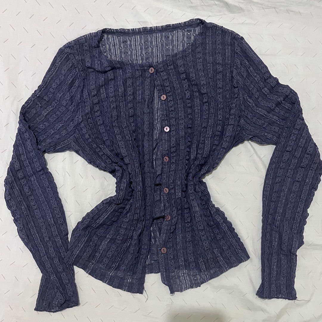 ST03 Sheer Striped Button-Up Cardigan (Category: Coats, Jackets and Outerwear) located in Marikina City. Submitted by namicorner (Listing ID 1461266311, Image 3). Description: - Sheer long-sleeved cardigan ~~ > RFS - decluttering > Last price posted > NO RETURN/ NO EXCHANGE > Manage expectation as this is a preloved item..
