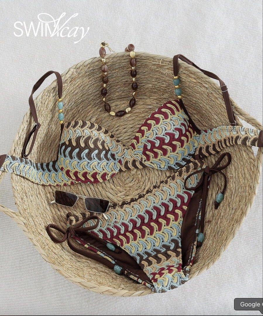 SHEIN Bikini (Category: Bikinis & Swimsuits) located in Quezon City. Submitted by spicysalamiii (Listing ID 1461155536, Image 3). Description: - Cute crochet bikini set from SWIMCAY - Features a colorful woven pattern - Brown string ties with beaded accents - Adjustable straps on the bikini top - Bottoms have adjustable side ties - Perfect for beach vacations or pool days.