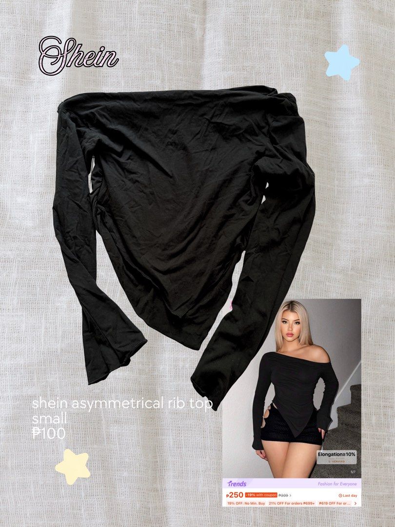 Shein Black Asymmetrical Long Sleeve Top (Category: Longsleeves) located in Bacoor. Submitted by sweetsrirachaaa (Listing ID 1461128051, Image 1). Description: - Shein black asymmetrical ribbed top - Size: Small - Features: Long sleeves with flared cuffs, unique asymmetrical hem - Versatile: Great for dressing up or down - Price: P100.