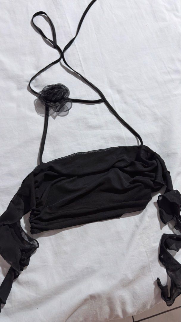 SHEIN Black Sheer Mesh Wrap Tie Top Size M (Category: Blouses) located in Iloilo. Submitted by kathiesboutique.ilo (Listing ID 1461321216, Image 1). Description: - SHEIN black sheer mesh top - Size: Medium (M) - Style: tube with long tie straps - Details: Ruffled sleeves and a flower detail near the neck tie.
