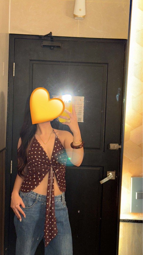 SHEIN Brown Polka Dot Halter Neck Tie Front Top (Category: Sleeveless) located in Magalang. Submitted by mvenetri (Listing ID 1461268808, Image 2). Description: - SHEIN Brown Polka Dot Halter Neck Tie Front Top - Removable Tie in the middle that can be used as a neck scarf - Size S, fits XS, S, semi M girlies - Used once only.