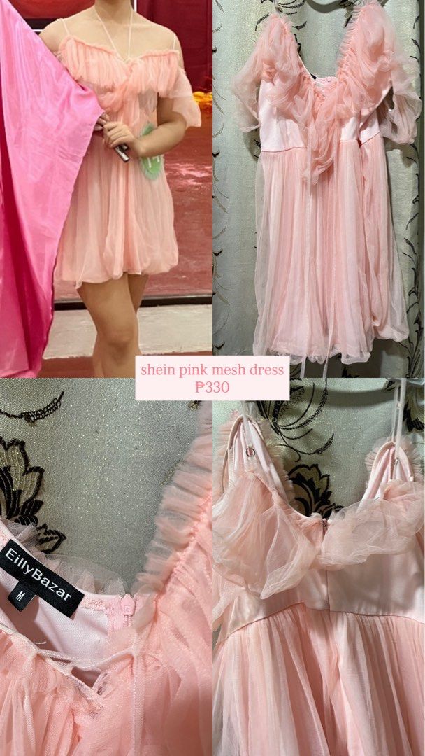 Shein Pink Mesh Ruffle Dress Size M (Category: Dresses) located in Manila. Submitted by jamalynnah (Listing ID 1461133359, Image 1). Description: - Cute pink mesh dress from Shein - Size: Medium (M) - Features: Ruffles on neckline and sleeves - Hem style: Bubble - Closure: Zipper at the back.