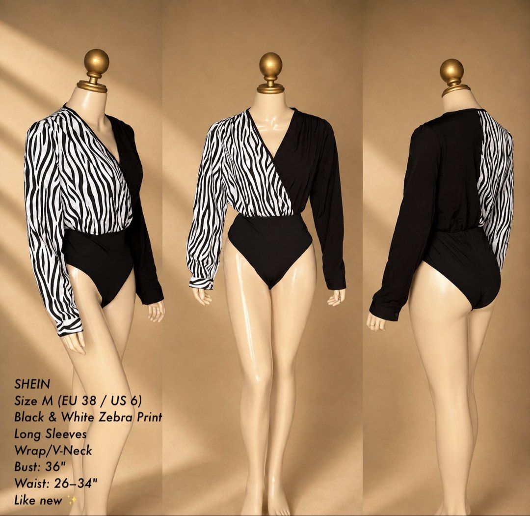 SHEIN Zebra Print Wrap Bodysuit | M (Category: Others Tops) located in Manila. Submitted by meisu_mnl (Listing ID 1461256029, Image 1). Description: SHEIN Zebra Print Wrap Bodysuit 🦓🖤 Like new ✨ Size: M (EU 38 / US 6) Bust: 36" Waist: 26–34" Color: Black & White Zebra Print • Long sleeves • Wrap-style V-neck • Zebra print contrast • Flattering fitted silhouette • Snap-button closure Statement piece na easy i-style — perfect with jeans, trousers