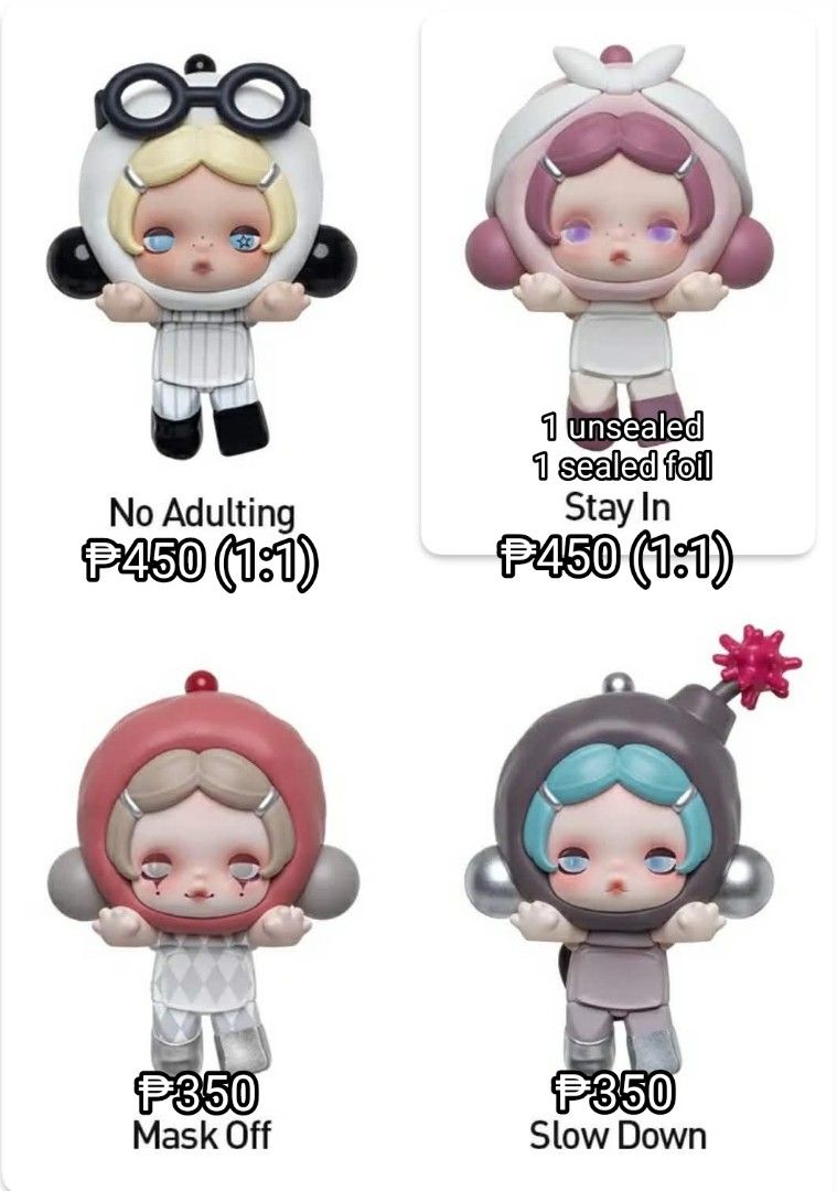 SKULLPANDA POP ATTACH (Category: Designer & Blind Box Toys) located in Lipa City. Submitted by wonjeongcheol (Listing ID 1461248958, Image 1). Description: wts lfb skullpanda off mode pop attach all sealed foil unless stated stay in - 450 (1:1) no adulting - 450 (1:1) mask off - 350 slow down - 350 loc: lipa batangas mod: jnt lbc sdd meet up mop: gcash, maya, maribank (preferred).