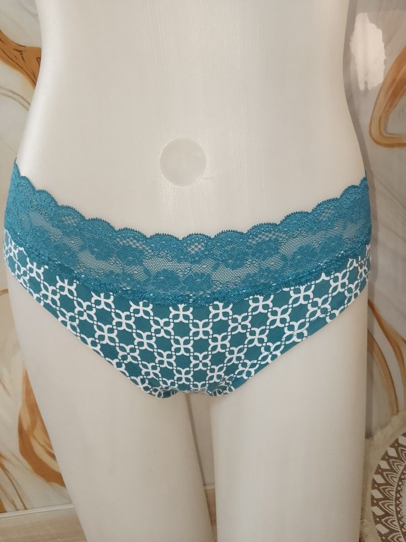 S/M Teal Lace Trimmed Patterned Panties (Category: Undergarments & Loungewear) located in Manila. Submitted by truecrystal-1407 (Listing ID 1461185364, Image 2). Description: - Cute teal panties - White geometric pattern - Lace trim waistband - Soft and comfortable fabric - Stylish for everyday wear - Perfect addition to your underwear collection.