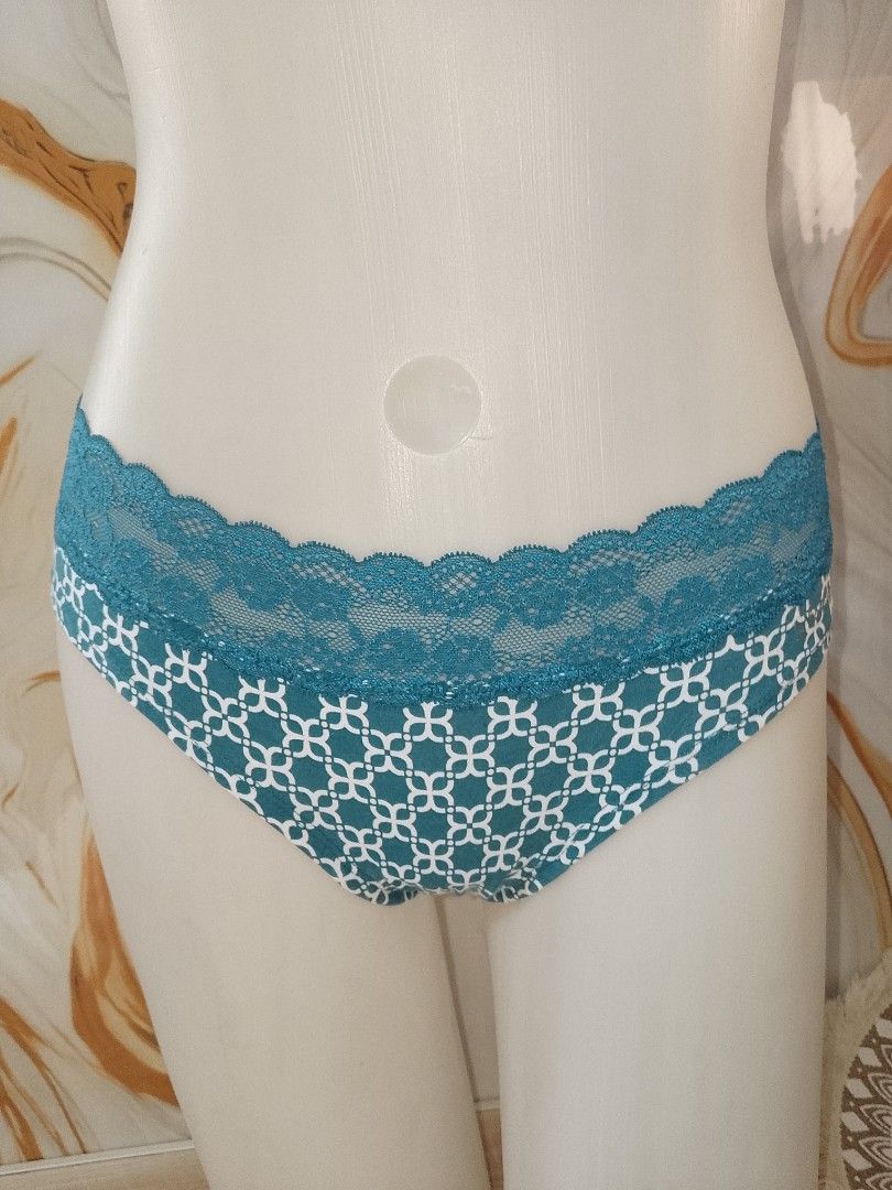 S/M Teal Lace Trimmed Patterned Panties (Category: Undergarments & Loungewear) located in Manila. Submitted by truecrystal-1407 (Listing ID 1461185364, Image 1). Description: - Cute teal panties - White geometric pattern - Lace trim waistband - Soft and comfortable fabric - Stylish for everyday wear - Perfect addition to your underwear collection.