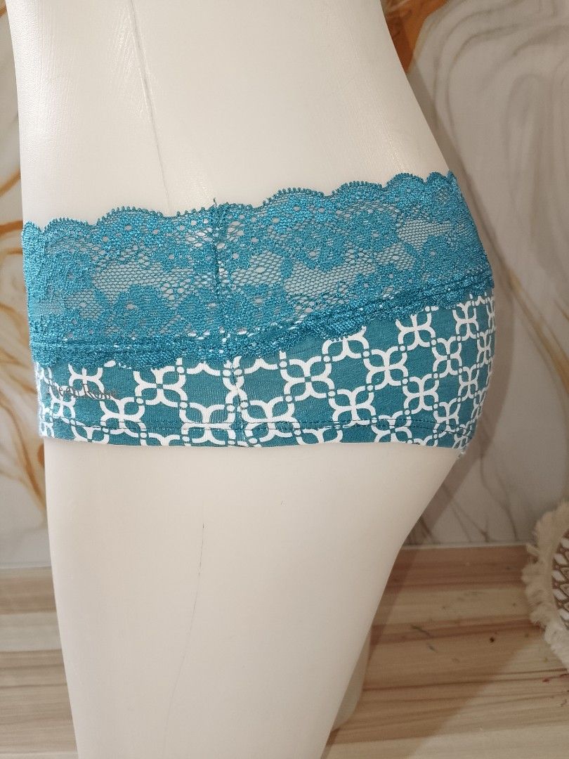 S/M Teal Lace Trimmed Patterned Panties (Category: Undergarments & Loungewear) located in Manila. Submitted by truecrystal-1407 (Listing ID 1461185364, Image 3). Description: - Cute teal panties - White geometric pattern - Lace trim waistband - Soft and comfortable fabric - Stylish for everyday wear - Perfect addition to your underwear collection.
