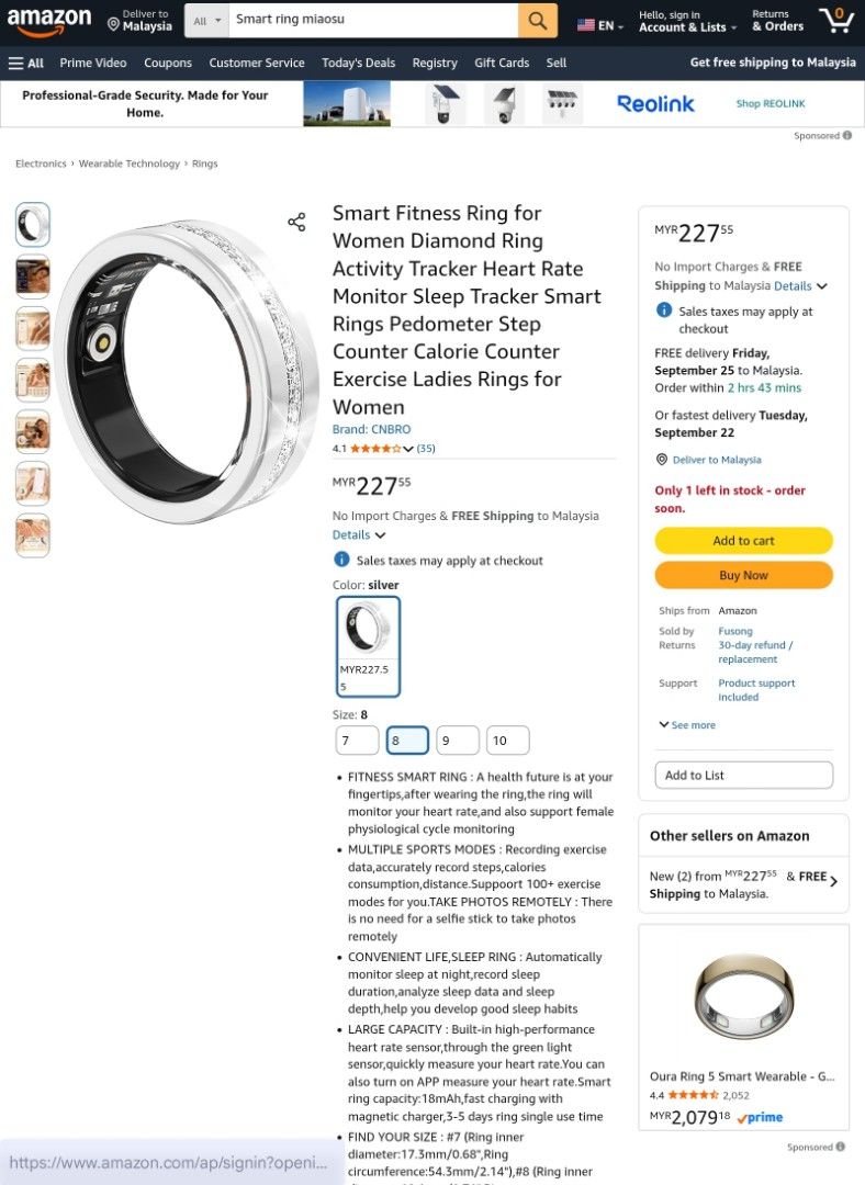 Smart Ring (Category: Rings) located in Kuala Lumpur. Submitted by nash008 (Listing ID 1461152174, Image 3). Description: I bought it from amazon and did not fit my finger. Now, i want to sell to others who want to wear it. Bought it at that price and now willing to sell at RM 170 inclusive postage (jnt etc). Ring size is 8. See the highlight for detailed size..