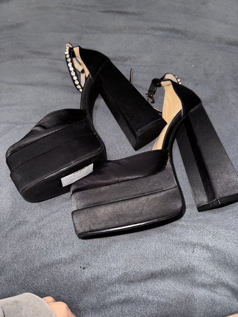 Sofab! Playform heels (Category: Heels) located in Caloocan City. Submitted by austeromea90310 (Listing ID 1461209526, Image 3). Description: - Brand: Sofab! - Color: Black satin - Heel Type: Chunky block platform heel - Features: Sparkly rhinestone ankle strap, square toe - Size: 38 .