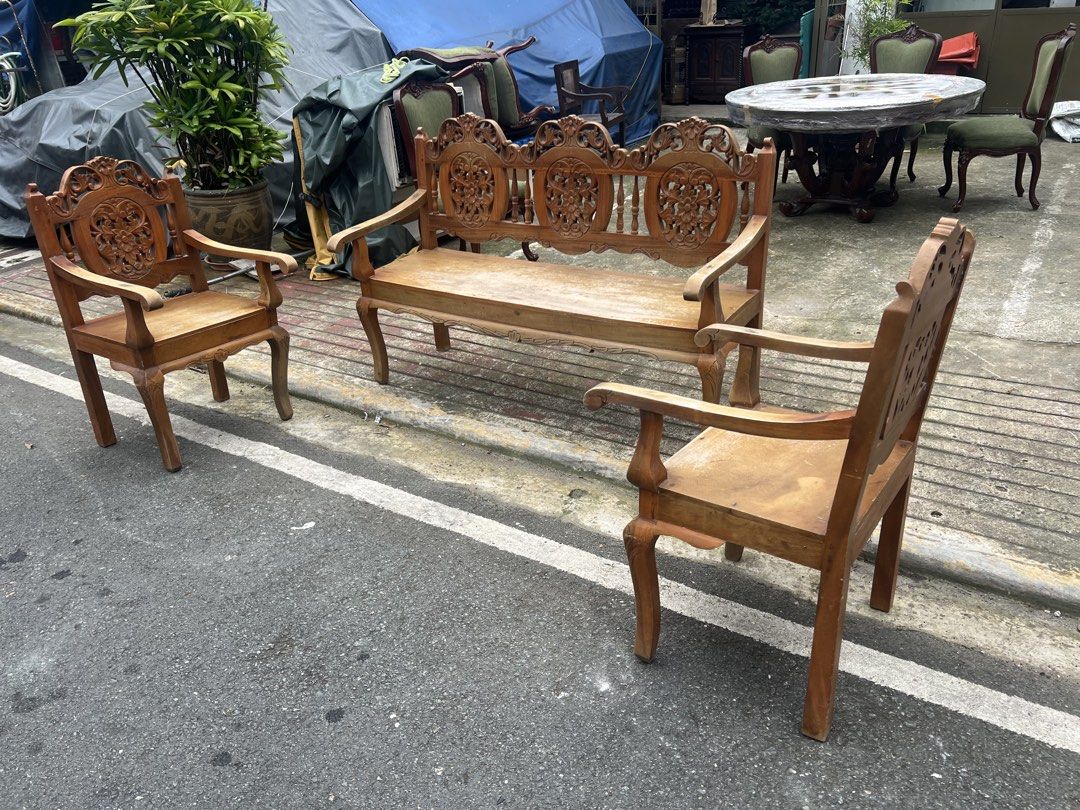 Solid Acacia Wood Sala Set (Category: Chairs) located in Makati City. Submitted by baliktanaw (Listing ID 1461221851, Image 3). Description: Acacia wood Sala Set Armchairs: H 39 3/4” x W 22 3/4” x D 17” x SH 18 1/2” Three Seater: H 39 1/2” x W 57 3/4” x D 17” x SH 18 1/2” Very sturdy ( walang uga ).