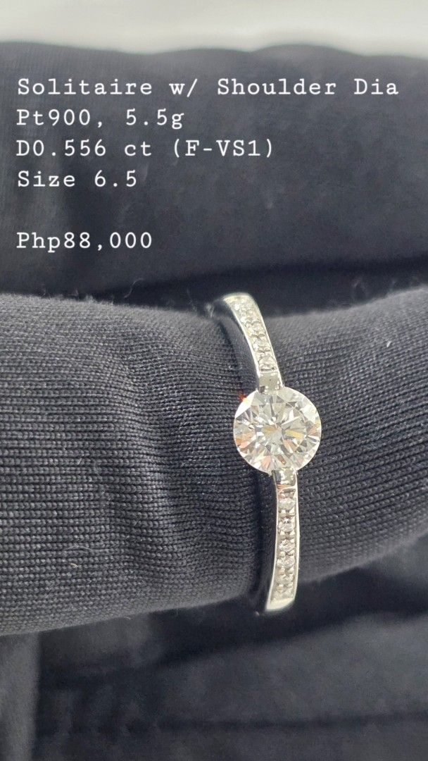 Solitaire Ring (Category: Rings) located in San Fernando. Submitted by bagproject (Listing ID 1461220832, Image 1). Description: RING Solitaire w/ Shoulder Dia Pt900, 5.5g D0.556 ct (F-VS1) Size 6.5 Php88,000.