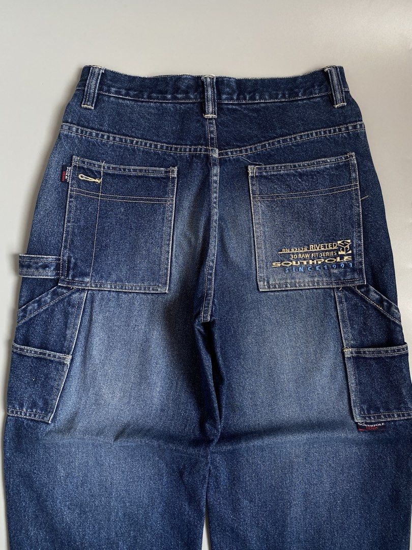 Vintage SOUTHPOLE Y2K Double Knee Baggy Carpenter Pants (Category: Jeans) located in Cavite. Submitted by awuuu27 (Listing ID 1461264138, Image 3). Description: Vintage SOUTHPOLE Y2K Double Knee Baggy Carpenter Pants 💎 Rare piece ✨ DIMES: Width-30-32/Length-41.5/Leg Opening-9/Thigh-14 CONDITION: 9/10 COLOR RATE: 9/10 ISSUE: small yellow stains, scratches, missing button.