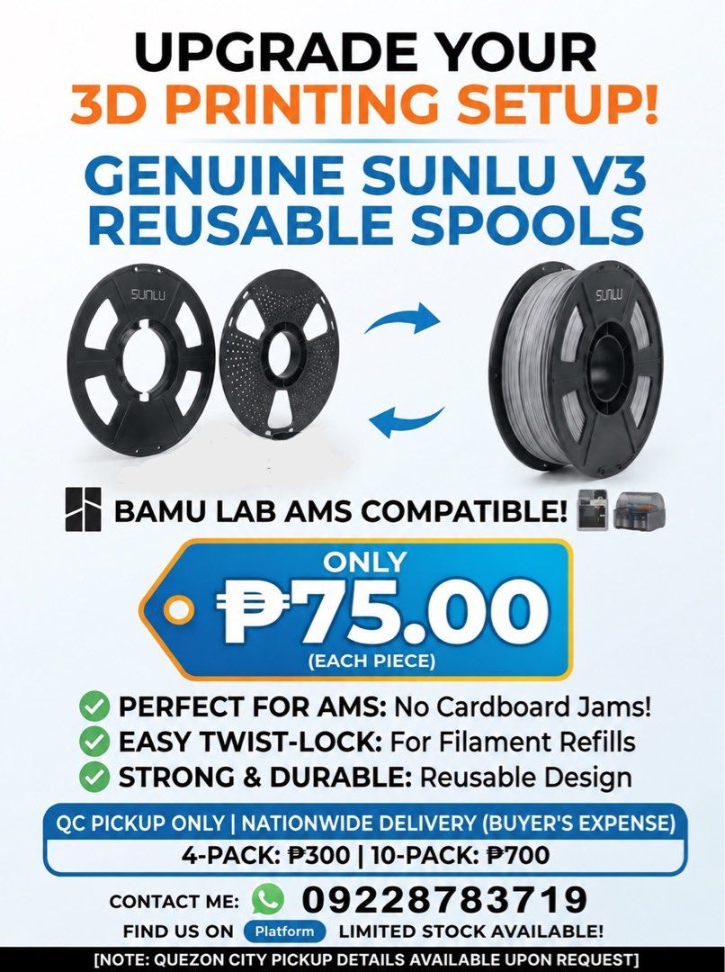 SPOOLS (Category: Office & Business Technology) located in Quezon City. Submitted by reb_rdg (Listing ID 1461128436, Image 3). Description: SUNLU V3 REFILLABLE SPOOLS COMPATIBLE WITH BAMBU LAB DETACHABLES Limited stocks only! ☎️09228783719 pick up inQC or via delivery LALAMOVE GRAB at buyers' expense. Tip👍: A cool feature the V3 has that Bambu spools doesn't, is the ability to put zip ties on an open spool so that you can swap the color before y