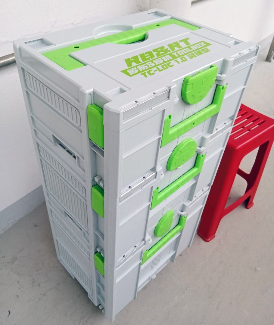Stacked stackable interlocking toolbox with wheels (Category: Storage Boxes & Baskets) located in Singapore. Submitted by ongengjit9883 (Listing ID 1460939376, Image 1). Description: TC-LOC 1.0 stacked stackable interlocking toolbox with wheels Footprint is only 400mm wide x 300mm deep. Height of the 3 boxes are 180mm, 240mm & 340mm respectively. Bought but not used, as not suitable. Made of high impact ABS plastic. Attached castor wheels for eas