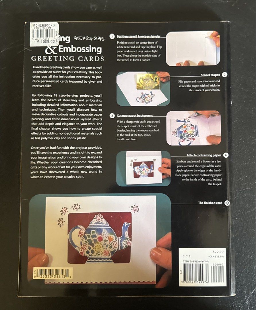 Stenciling & Embossing Greeting Cards Book by Judith Barker (Category: Storybooks) located in San Pedro. Submitted by pageturner19 (Listing ID 1461124122, Image 2). Description: - Learn to create beautiful greeting cards. - Covers stenciling and embossing techniques. - Includes 18 quick, creative, unique, and easy-to-do projects. - Discover how to make decorative cutouts and incorporate special effects. - Great for crafters or those wanting to le
