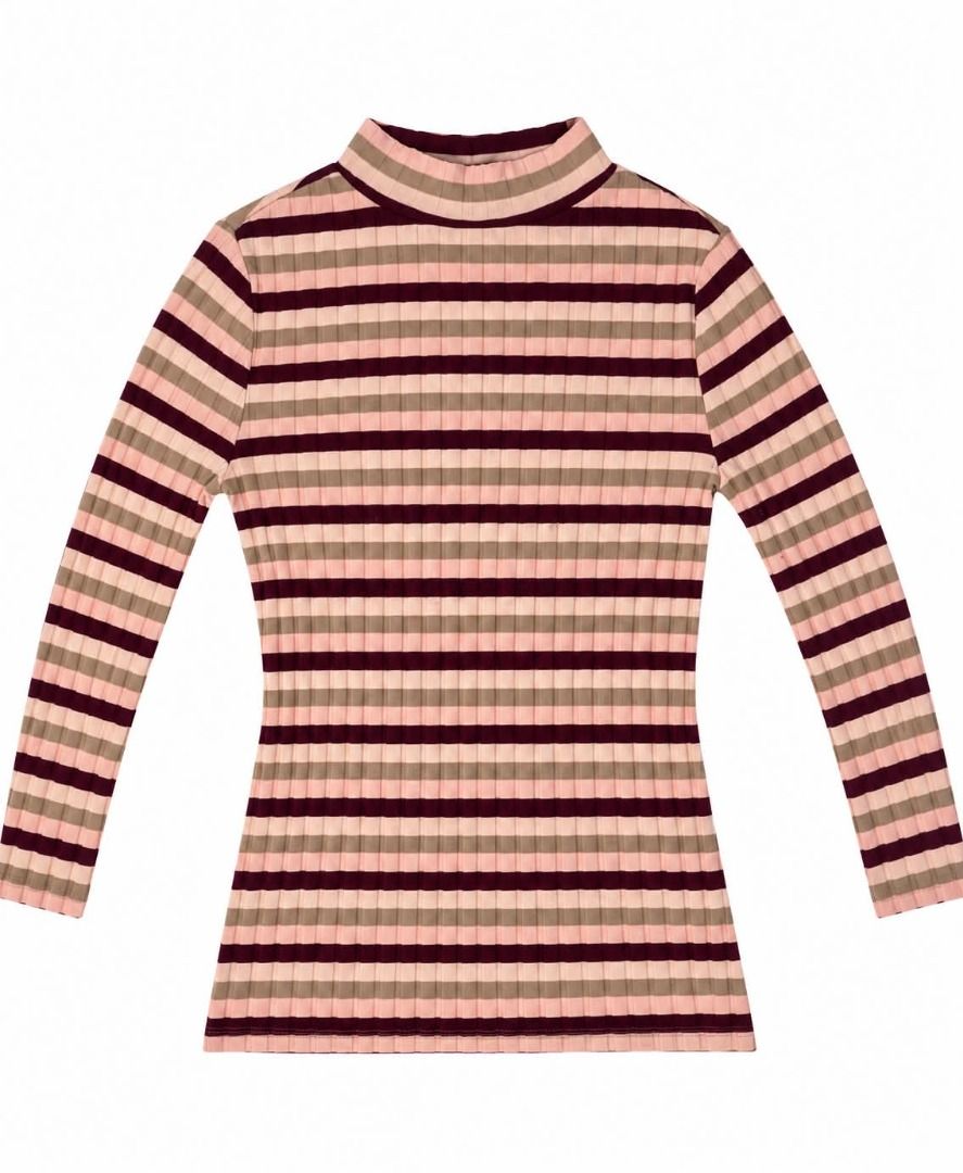 Stripped Turtle Neck Shirt#85 (Category: Longsleeves) located in Caloocan City. Submitted by outfitloop (Listing ID 1461151360, Image 2). Description: - Features horizontal stripes in pink, beige, and burgundy - Stretchy and form-fitting knit - Pairs well with jeans or skirts IMPORTANT: • 1st photo is an AI styling/model preview for reference on how the item may look when worn. • Please refer to the actual photos for the item’s true appearance an