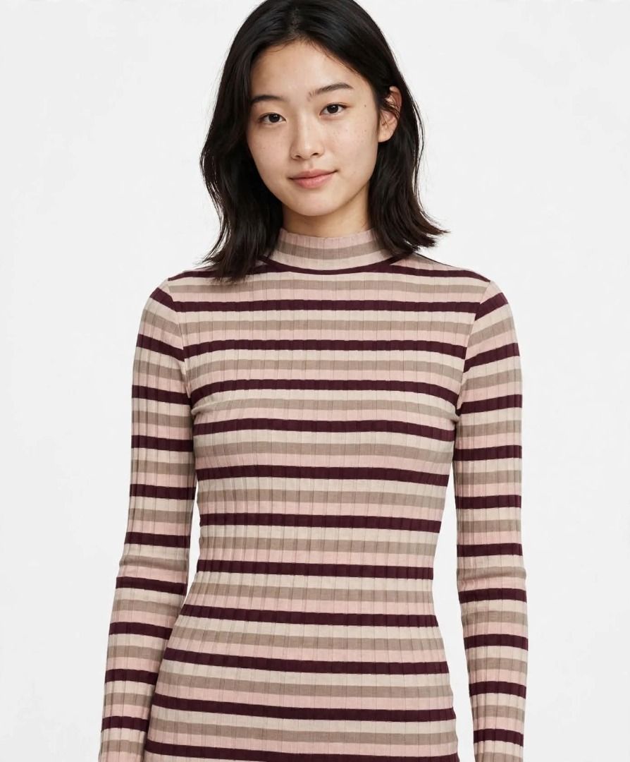 Stripped Turtle Neck Shirt#85 (Category: Longsleeves) located in Caloocan City. Submitted by outfitloop (Listing ID 1461151360, Image 1). Description: - Features horizontal stripes in pink, beige, and burgundy - Stretchy and form-fitting knit - Pairs well with jeans or skirts IMPORTANT: • 1st photo is an AI styling/model preview for reference on how the item may look when worn. • Please refer to the actual photos for the item’s true appearance an