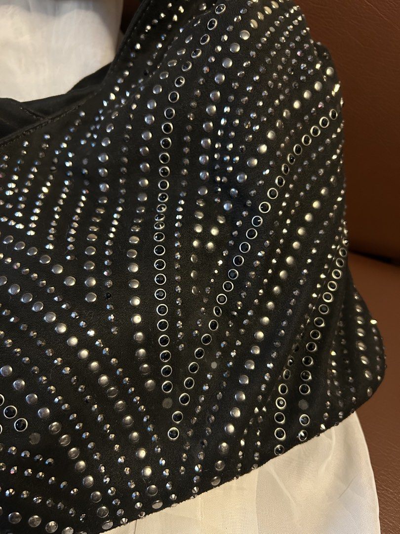 STUDDED HOBO BAG (Category: Shoulder Bags) located in Baguio. Submitted by chmlnstudio (Listing ID 1461188484, Image 2). Description: HOBO BAG 🖤👽 Product Details: ✦ Style: Black Studded Slouchy Hobo / Shoulder Bag ✦ Design: Embellished with silver-tone stud details throughout the exterior ✦ Closure & Interior: Top magnetic snap closure with a spacious fabric-lined main compartment, internal zippered pocket, and slip pockets — length: 21” — widt
