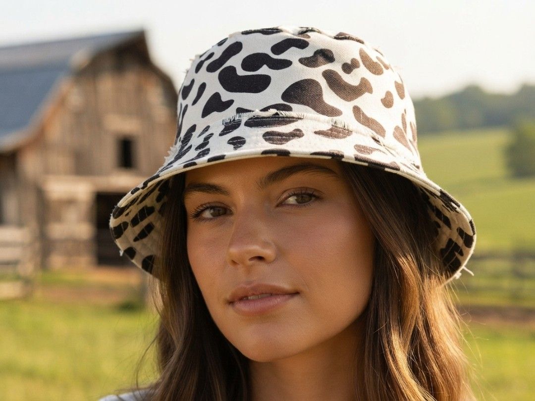 Tattered Cow Print Bucket Hat (Category: Hats & Beanies) located in Binangonan. Submitted by yuristalin888 (Listing ID 1461305619, Image 1). Description: Make a bold statement with this trendy cow-print bucket hat. Featuring a classic black-and-white bovine pattern on durable fabric, this casual streetwear accessory combines effortless style with everyday sun protection. The relaxed silhouette and playful animal print make it an easy go-to piece 