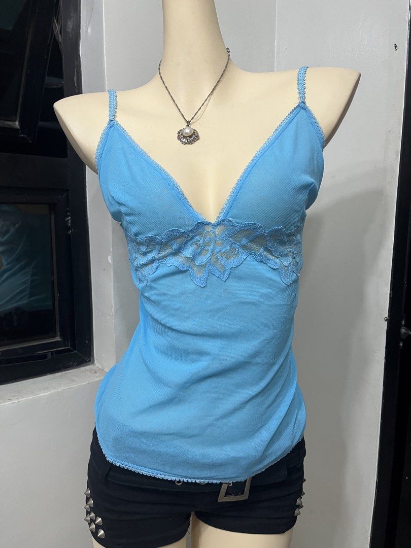 Teal turquoise aqua lace trim mesh cami (Category: Sleeveless) located in Caloocan City. Submitted by onlyfromthepast (Listing ID 1461274899, Image 2). Description: 9/10 condition Large ✅My bio before purchasing tia💕 ✅ All items are fresh from bales, Pls expect dirt,dust or stains .