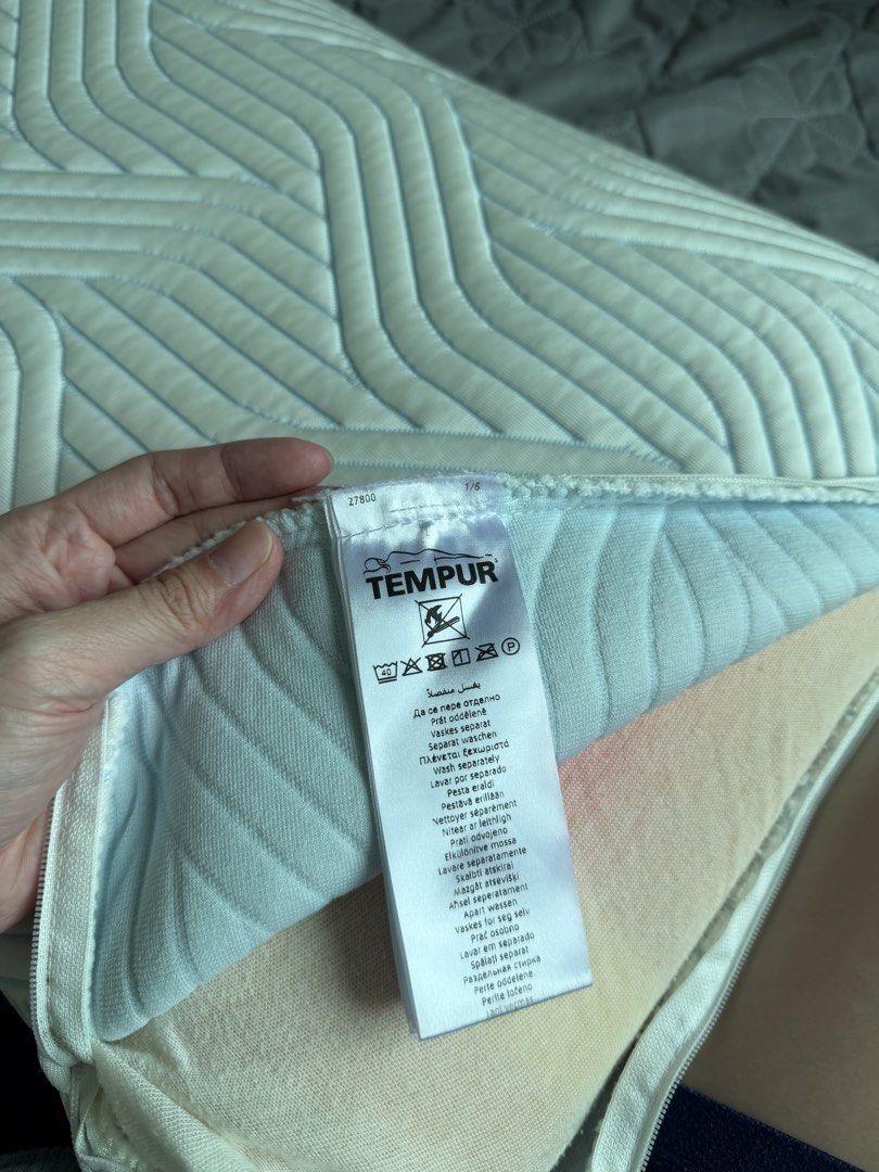 TEMPUR Memory Foam Pillow (Category: Bedding & Towels) located in Manila. Submitted by kristielyntan (Listing ID 1461130233, Image 1). Description: - TEMPUR memory foam pillow - Features a stylish quilted cover with a geometric pattern - Inner foam is visible in photos, showcasing quality - Designed for ultimate comfort and a great night's sleep - Pillow cover includes care instructions on the tag.