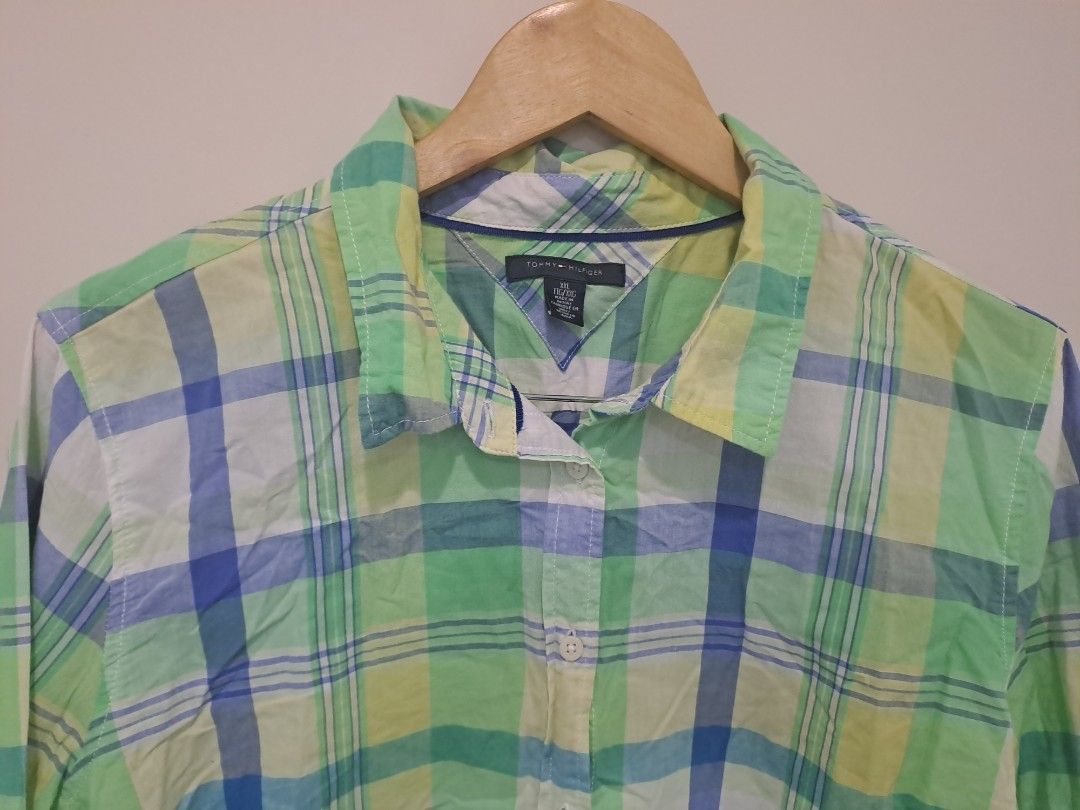 Tommy Hillfiger (Category: Longsleeves) located in Manila. Submitted by joanbalde39643 (Listing ID 1461226346, Image 2). Description: Tommy Hilfiger plaid button-down shirt featuring a green, blue, and yellow checkered pattern..