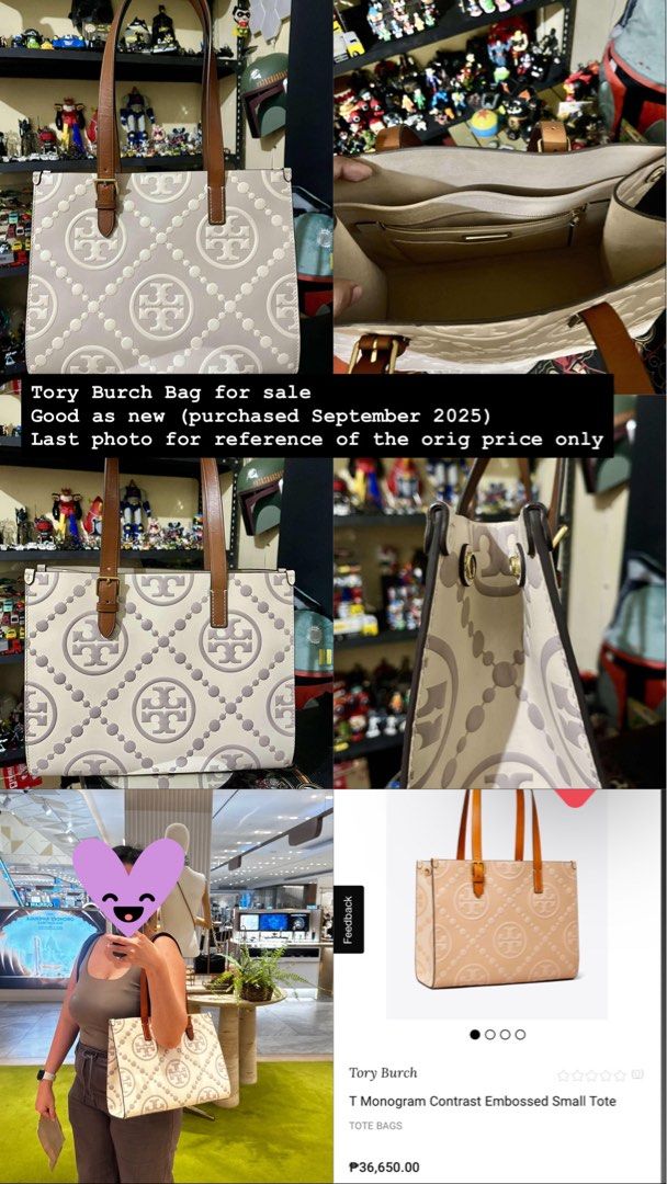 Tory Burch T Monogram Contrast Embossed Small Tote Bag (Category: Luxury Bags & Wallets) located in Pasay City. Submitted by kylenotkylie_ (Listing ID 1461204300, Image 1). Description: - Tory Burch T Monogram Contrast Embossed Small Tote - Purchased September 2025 - Condition: Good as new - Ideal for everyday use - Original price shown in last photo for reference.