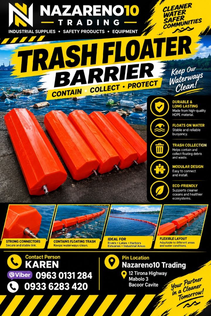 TRASH FLOATER BARRIER 1 METER 2 METERS (Category: Looking For) located in Bacoor. Submitted by kajezame.2021 (Listing ID 1461201451, Image 1). Description: TRASH FLOATER BARRIER 1 METER 2 METERS For More Details and Discount Contact Ms. Karen NAZARENO 10 TRADING 0963 0131 284 0933 6283 420 0956 7028 557 0933 8559 510 Landline: Look for Ms. Karen (046 ) 416 3920 Also available: • Traffic cone • Parking Block stopper • Hooded trash bin • Road Plast