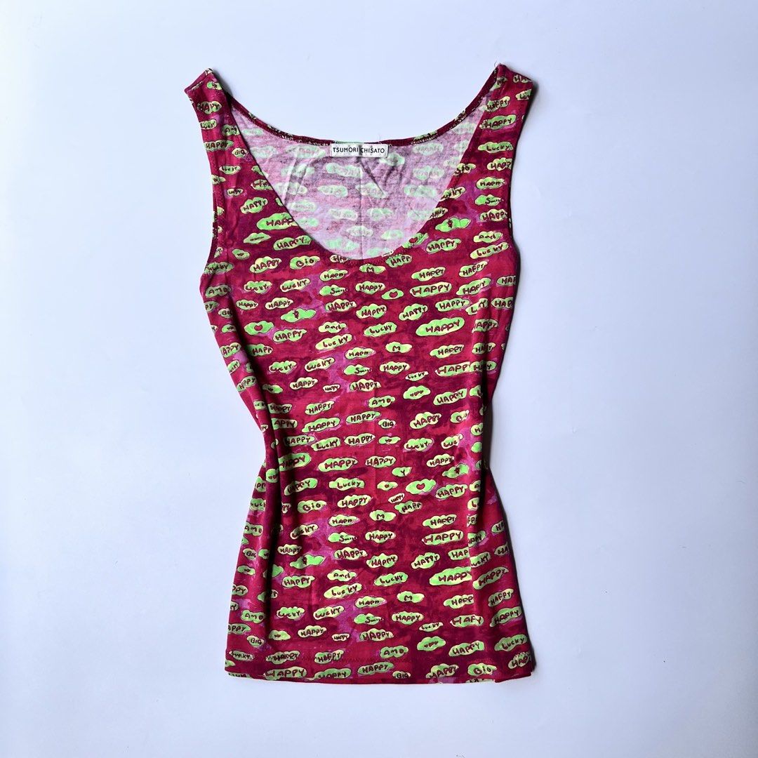 TSUMORI CHISATO Happy Clouds Tank Top (Category: Sleeveless) located in Santa Maria. Submitted by beenmise.ry (Listing ID 1461211233, Image 1). Description: - [x] 𑣲⋆｡˚Tsumori Chisato Vibrant Pink Graphic Sleeveless Top condition: no issue best fit: s-l bust: 14in || length: 22in 𑣲mine 799.