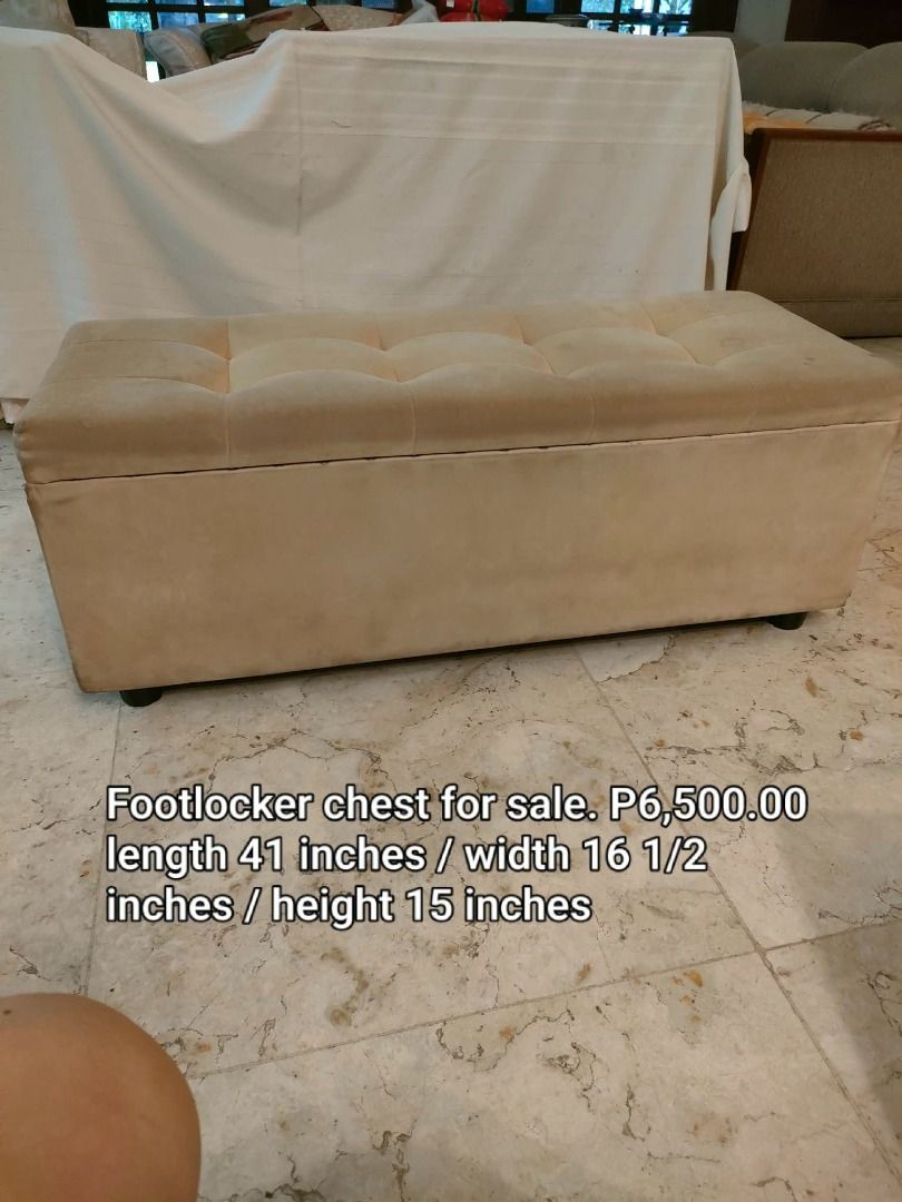 Tufted Footlocker Chest Ottoman - Beige (Category: Other Home Furniture) located in Caloocan City. Submitted by rise-edge (Listing ID 1461301819, Image 1). Description: - Beige tufted footlocker chest - Doubles as storage and a footrest - Dimensions: 41" L x 16.5" W x 15" H - Ideal for living rooms or bedrooms.