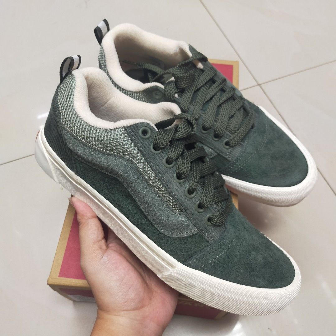Vans Old Skool Suede Green Sneakers (Category: Sneakers) located in Manila. Submitted by xizhenn (Listing ID 1461154931, Image 1). Description: Green Vans Old Skool sneakers. Suede and mesh upper. White rubber sole. Lace-up closure. Has pull tabs on the heel. Comes with the original box. all sizes available.