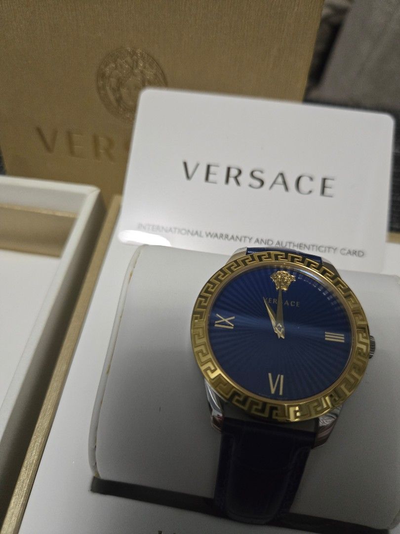Versace Watch Blue Dial Gold Case (Category: Luxury Watches) located in Rizal. Submitted by nads_a_m (Listing ID 1461287516, Image 2). Description: - Authentic Versace Watch - Stunning Blue Dial - Elegant Gold Case - Includes Original Box - Comes with Authenticity Card - Purchased from SM Mega Mall DS - Serial Number: Can be authenticated in their website - Versatile for Any Occasion Original Price: P40,000 Selling Price: P18,000.