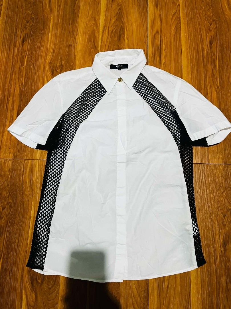 Versus Versace white shirt net side design (Category: Luxury Apparel) located in Bulacan. Submitted by nifftyythrifty (Listing ID 1461138818, Image 1). Description: versus Versace shirt size 38.