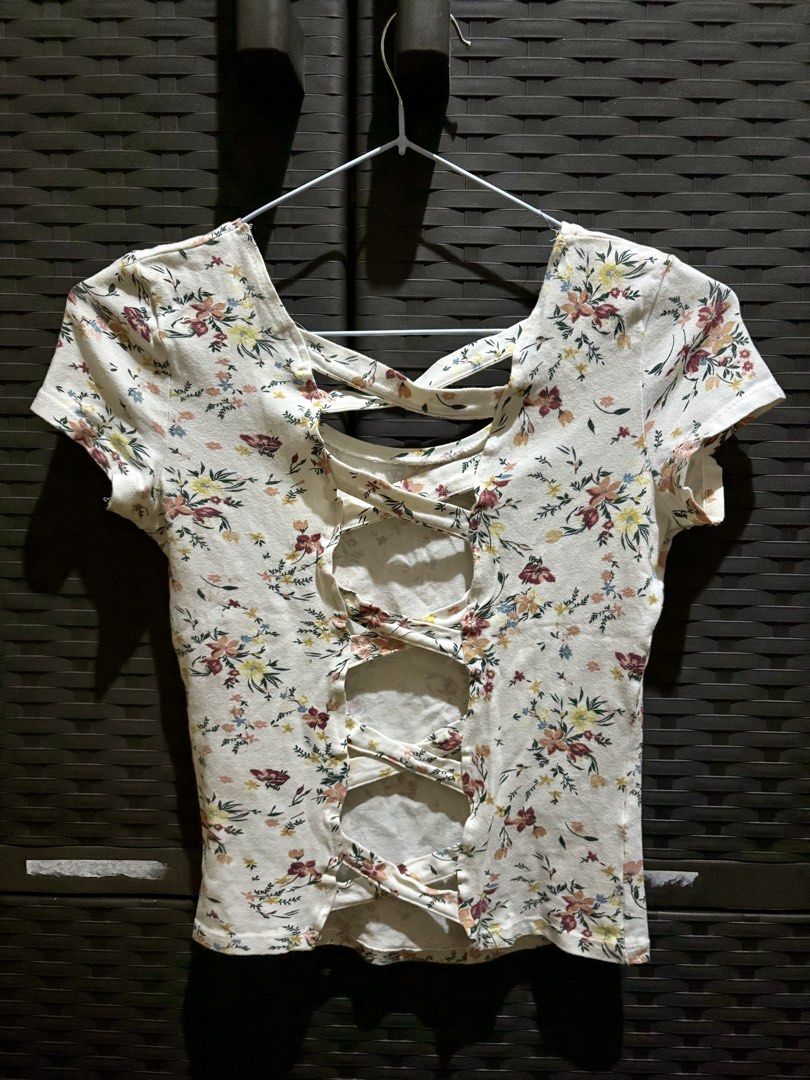 White Floral Printed Shirt Top (Category: Blouses) located in Marikina City. Submitted by senandash (Listing ID 1461303458, Image 2). Description: XS-S - Cute white top with a pretty floral print. - Features short sleeves. - Unique back cut-out detail with criss-cross straps. - Versatile: pairs well with jeans or shorts. - Ideal for casual outings and days with friends..