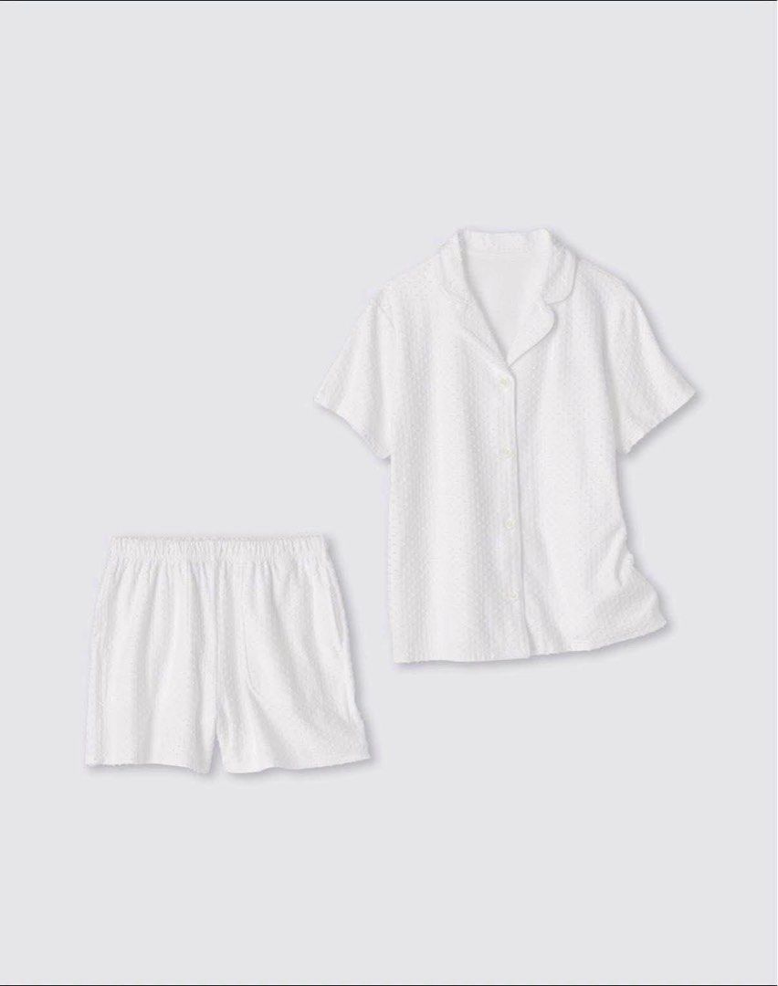 White Textured Short Sleeve Pajama Set (Category: Undergarments & Loungewear) located in Manila. Submitted by real17 (Listing ID 1461299868, Image 2). Description: - Comfy short sleeve pajama set - White textured fabric - Button-up top with collar - Matching shorts - Perfect for lounging at home - Soft and breathable material Brand new, still in original packaging Size:XL payment first before booking..