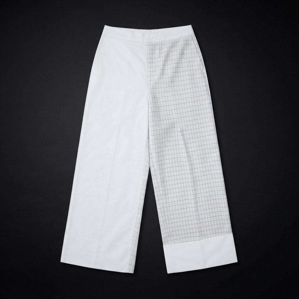 White Wide Leg Pants with Grid Pattern (Category: Other Bottoms) located in Marikina City. Submitted by prelovedbydee. (Listing ID 1461284632, Image 1). Description: - high-waisted fit - garterized waistband at the back - tag size - with some stains: 2nd pic can negotiate ☺️.