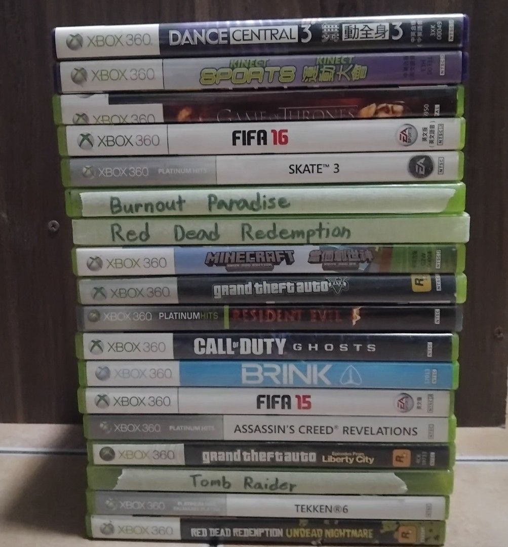 Xbox 360 game bundle (Category: Xbox) located in Rizal. Submitted by keejc (Listing ID 1461286732, Image 1). Description: - Games - ​Action & Adventure: Red Dead Redemption Red Dead Redemption: Undead Nightmare Grand Theft Auto V Grand Theft Auto: Liberty City Tomb Raider Assassin's Creed Revelations Resident Evil Brink Call of Duty: Ghost Minecraft ​Sports & Racing: FIFA 16 FIFA 15 Skate 3 Burnout Paradise ​Fighting: Tekken 6 ​RPG / Drama: Game 