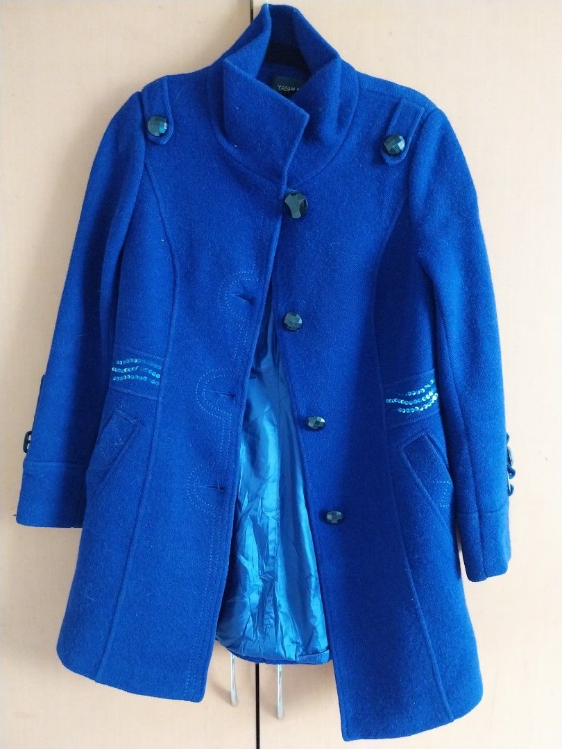 YASHULLAN Blue Wool Blend Coat with Sequins and Gem Buttons (Category: Coats, Jackets and Outerwear) located in Cavite. Submitted by angelistuff (Listing ID 1461130675, Image 1). Description: - Blue wool blend coat from YASHULLAN - Eye-catching sparkly sequin details on pockets and sleeves - Unique dark gem-like buttons down the front - Fully lined for extra warmth - Ideal for cooler weather, offering both style and coziness.