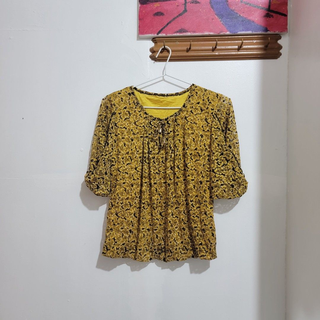 Yellow Floral Lace Blouse (Category: Blouses) located in Quezon City. Submitted by akiyostudios (Listing ID 1461311609, Image 1). Description: - fits m.
