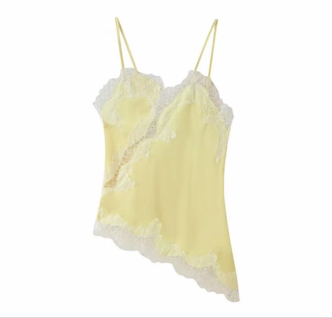 Yellow Lace Trim Asymmetrical Cami Top (Category: Sleeveless) located in Magalang. Submitted by mvenetri (Listing ID 1461259733, Image 1). Description: - Yellow Lace Trim Asymmetrical Cami Top - Used twice, like new.