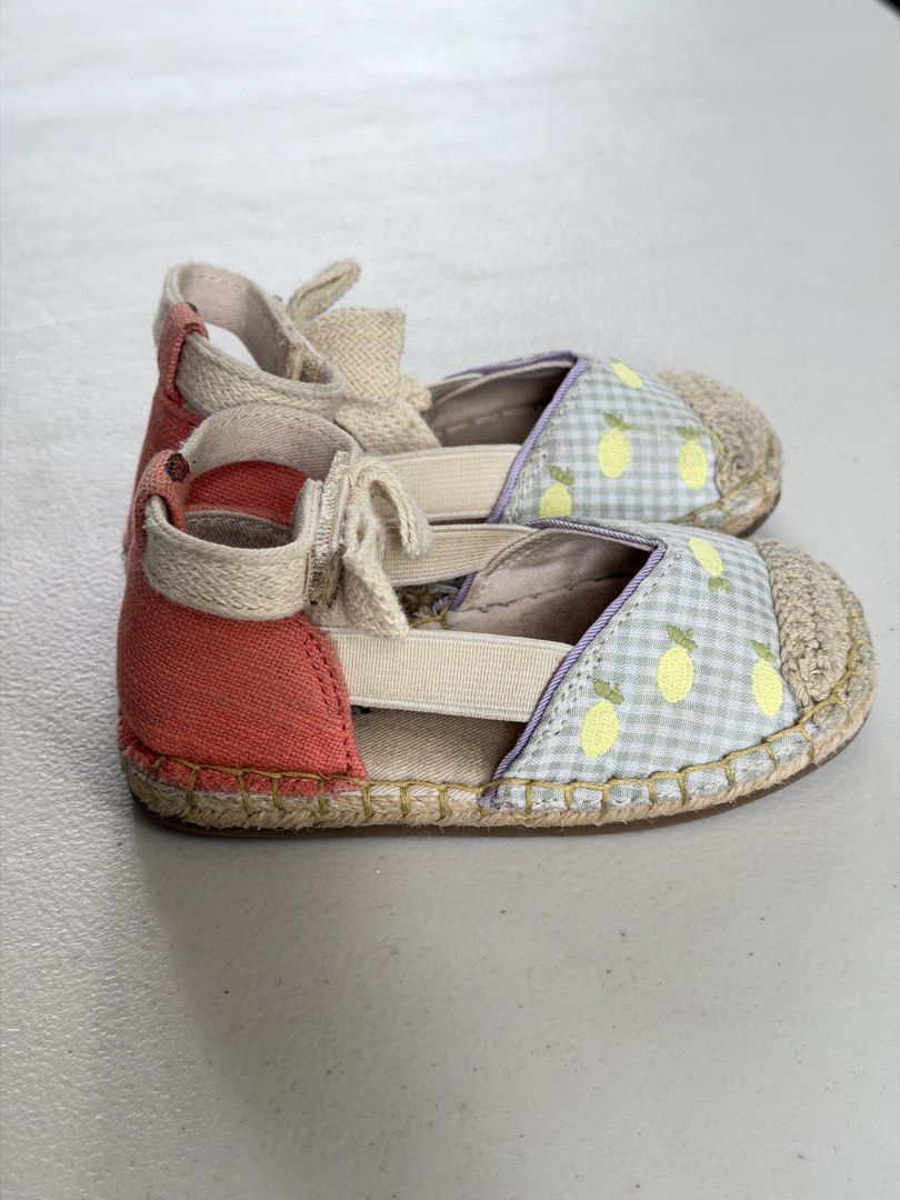 Zara Baby 13cm Espadrilles with Lemon Pattern EUR 21 (Category: Babies & Kids Fashion) located in Quezon City. Submitted by doryscloset (Listing ID 1461134859, Image 3). Description: - Adorable light blue gingham espadrilles - Features cheerful yellow lemon print - Sweet coral pink heel detail - Secure ankle strap with tie closure - Ideal for summer adventures - Shows minor signs of wear on soles and espadrille trim - EUR 21.