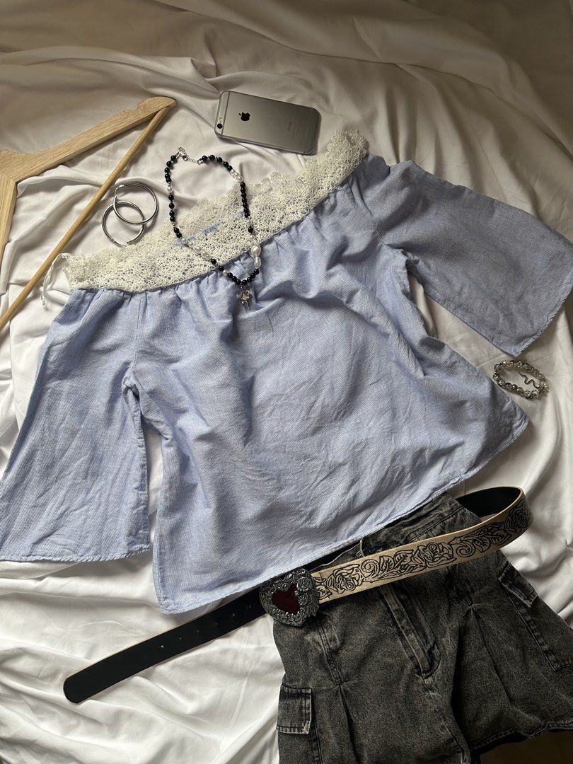 Zara Basic Blue Striped Off-Shoulder Top with Lace Trim (Category: Blouses) located in Bacoor. Submitted by ura_ph2026 (Listing ID 1461317851, Image 1). Description: Zara Basic blue and white striped off-the-shoulder top with white lace trim and bell sleeves. Size M. Perfect for casual outings..
