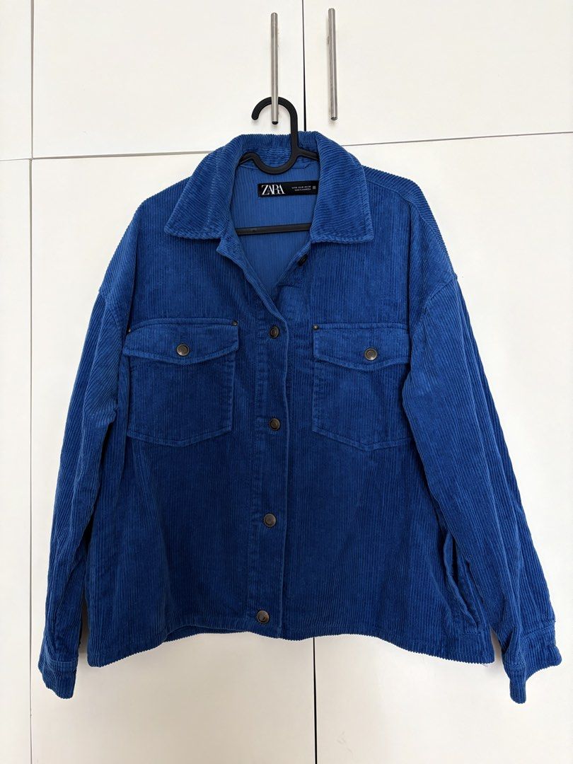 ZARA Blue Corduroy Overshirt Jacket Size M (Category: Coats, Jackets and Outerwear) located in Las Pinas. Submitted by sabs28 (Listing ID 1461125538, Image 1). Description: Zara blue corduroy jacket, size M. Button-up with chest and side pockets. .