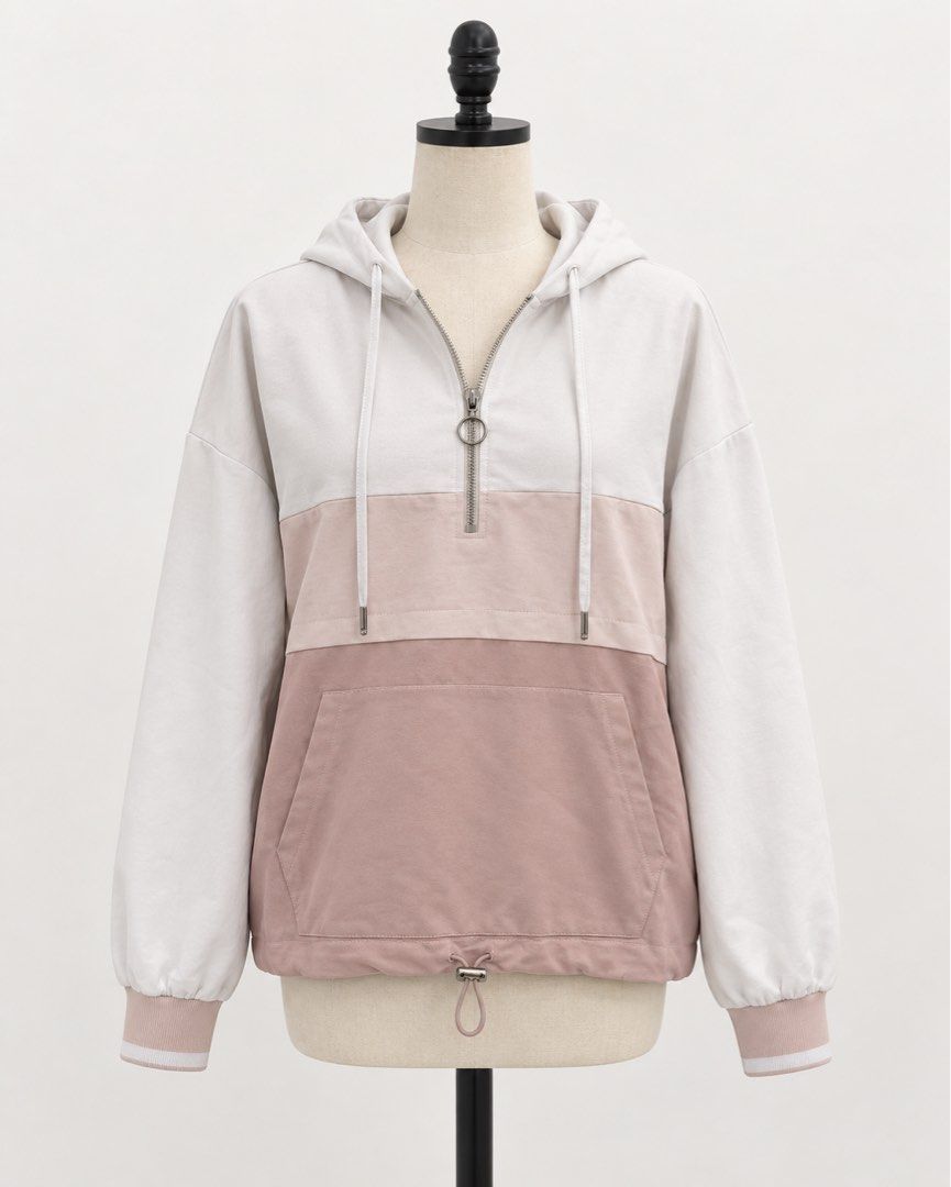 ZARA Colorblock Pullover Hoodie (Category: Coats, Jackets and Outerwear) located in Taguig. Submitted by janelly_ace (Listing ID 1461223888, Image 1). Description: - ZARA Colorblock Hoodie - Features a half-zip closure - Convenient front pocket - Adjustable drawstring hem and cuffs - Hood with adjustable drawstrings - Comfortable and stylish for daily wear - Ideal for layering - RFS: Decluttering.
