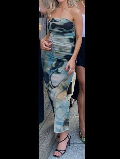 Zara Mesh Ruched Midi Dress Abstract Print (Category: Dresses) located in Manila. Submitted by genyfurrose (Listing ID 1461128024, Image 1). Description: - Zara mesh midi dress - Abstract print all over - Ruched detailing on the side - Thin straps - Size S.