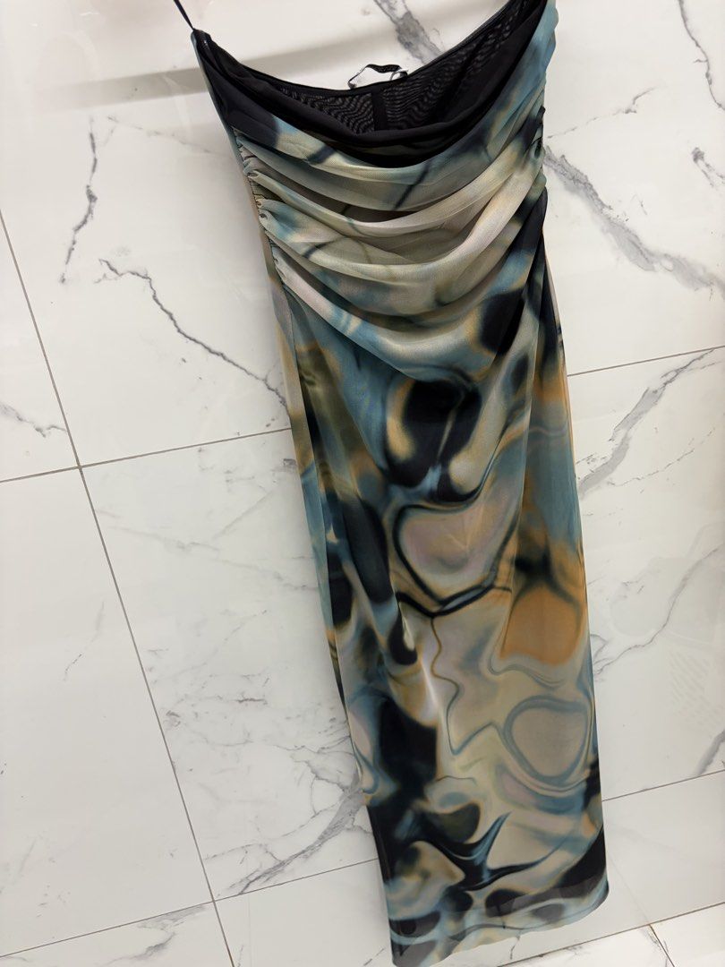 Zara Mesh Ruched Midi Dress Abstract Print (Category: Dresses) located in Manila. Submitted by genyfurrose (Listing ID 1461128024, Image 2). Description: - Zara mesh midi dress - Abstract print all over - Ruched detailing on the side - Thin straps - Size S.