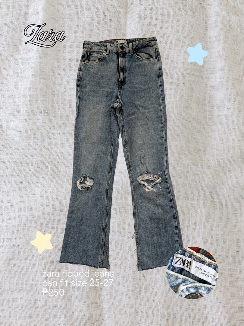 Zara Ripped Flare Jeans (Category: Jeans) located in Bacoor. Submitted by sweetsrirachaaa (Listing ID 1461128054, Image 1). Description: - Zara ripped jeans - Flare leg with split hem - Light wash denim - Distressed details on knees - Fits sizes 25-27 - Perfect for an edgy, casual look.