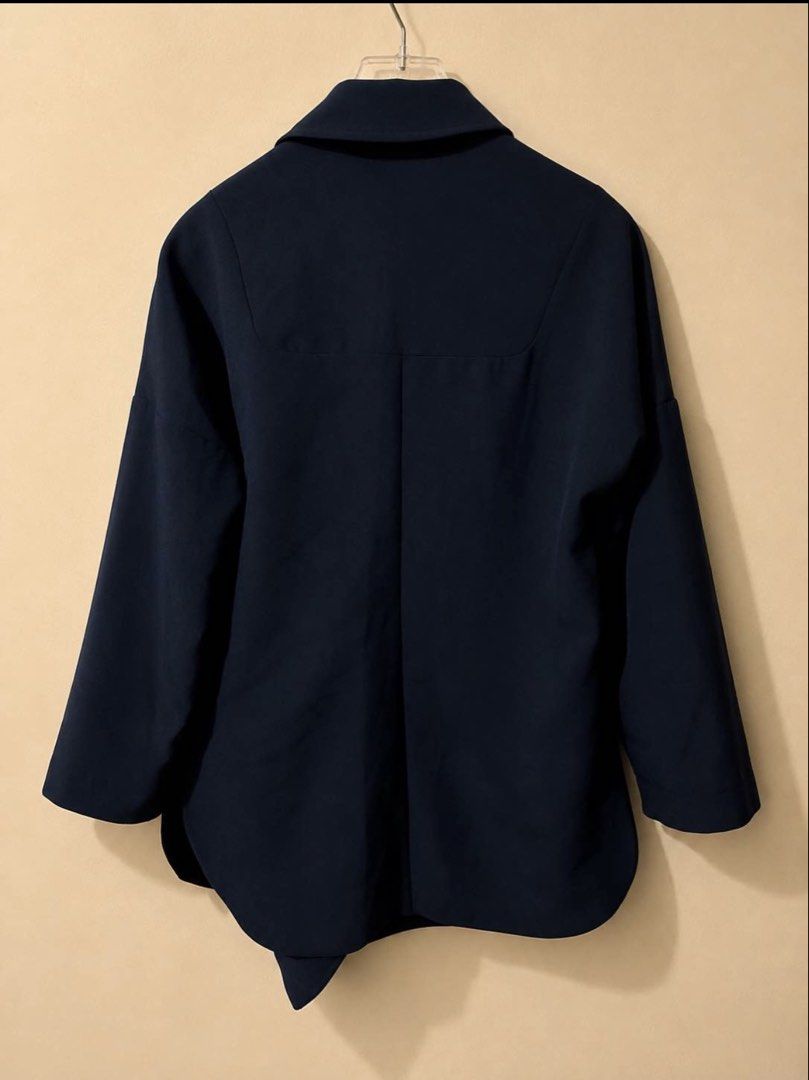 Zara Trafaluc Navy Blue Asymmetrical Button Jacket Size S (Category: Coats, Jackets and Outerwear) located in Las Pinas. Submitted by mari.santos. (Listing ID 1461293452, Image 2). Description: - Zara navy blue jacket - Asymmetrical front button closure - Two button details - Functional pockets - Versatile for layering, wear open or closed - Made in Turkey.
